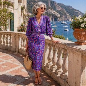 VTG 60s Brenner Skirt Set Womens 5/6 Purple Mod Floral Couture Retro Chic 2pc